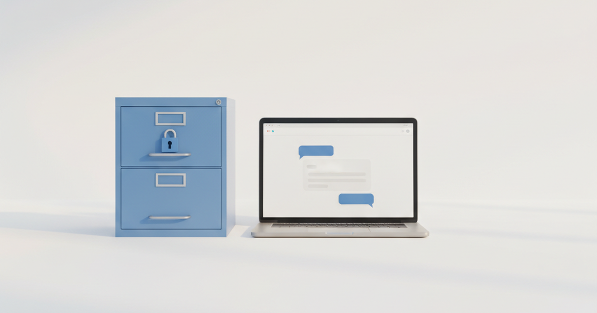 A laptop running a private AI assistant next to a locked cabinet, suggesting data kept under the owner's control.